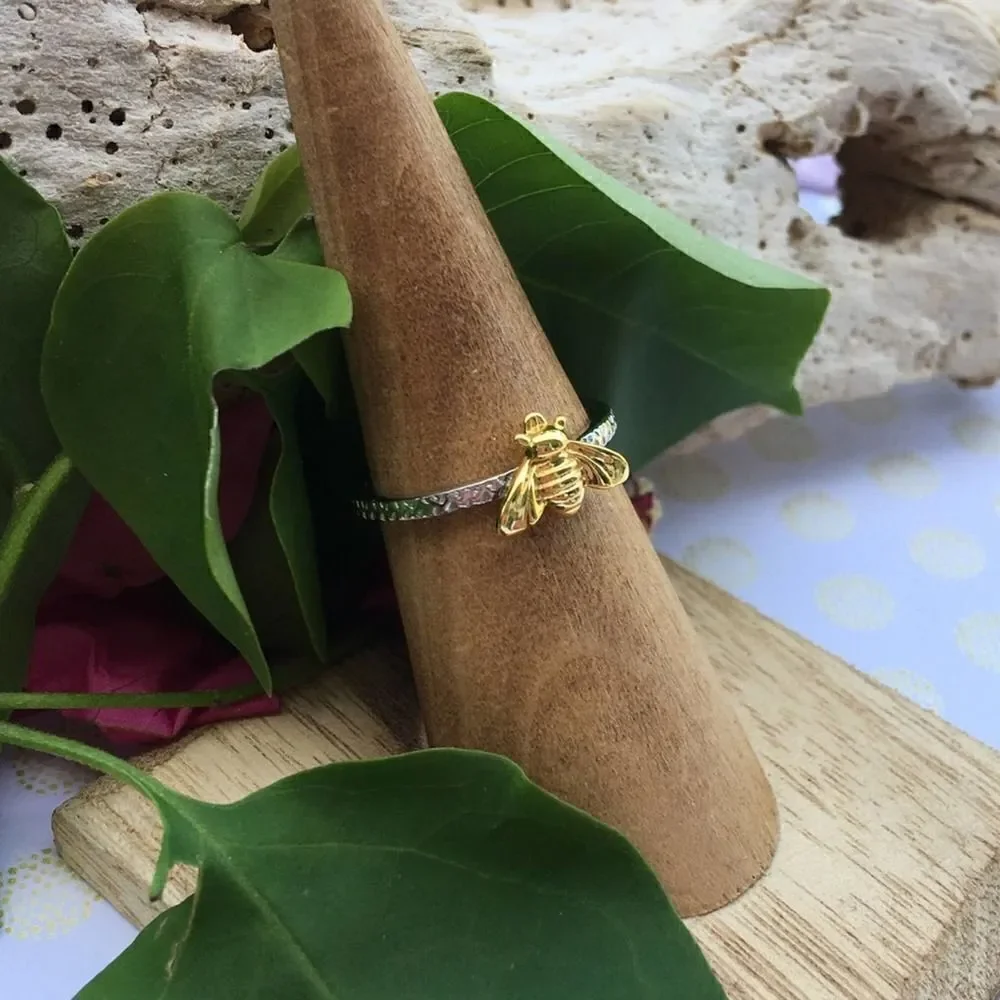 Bee two tone Solid Sterling Silver Yellow Gold Ring size 5,6,7,9